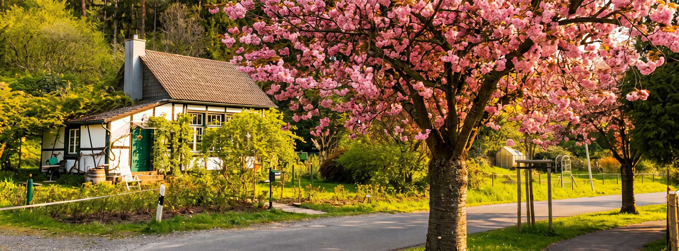 Bergisches Fachwerkhaus mit blühendem Kirschbaum in Solingen-Rüden